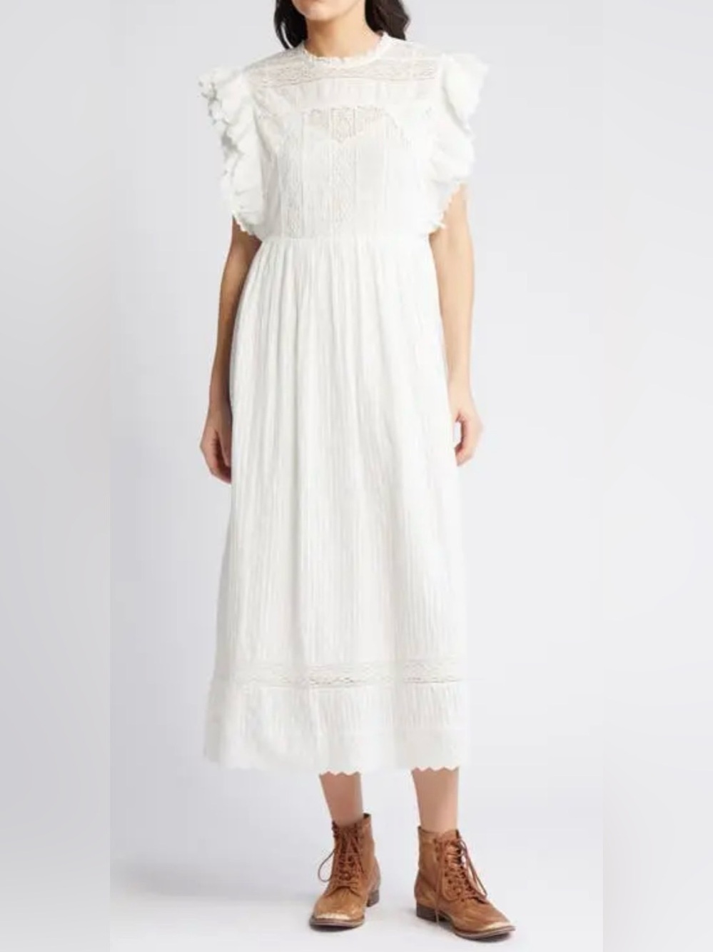 THE GREAT. The Trellis Lace & Ruffle Midi Dress
